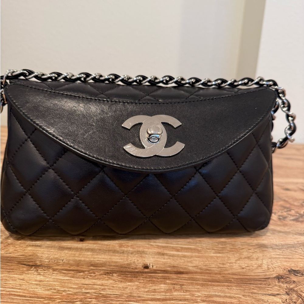 Chanel Black Quilted Clutch with Silver Chain